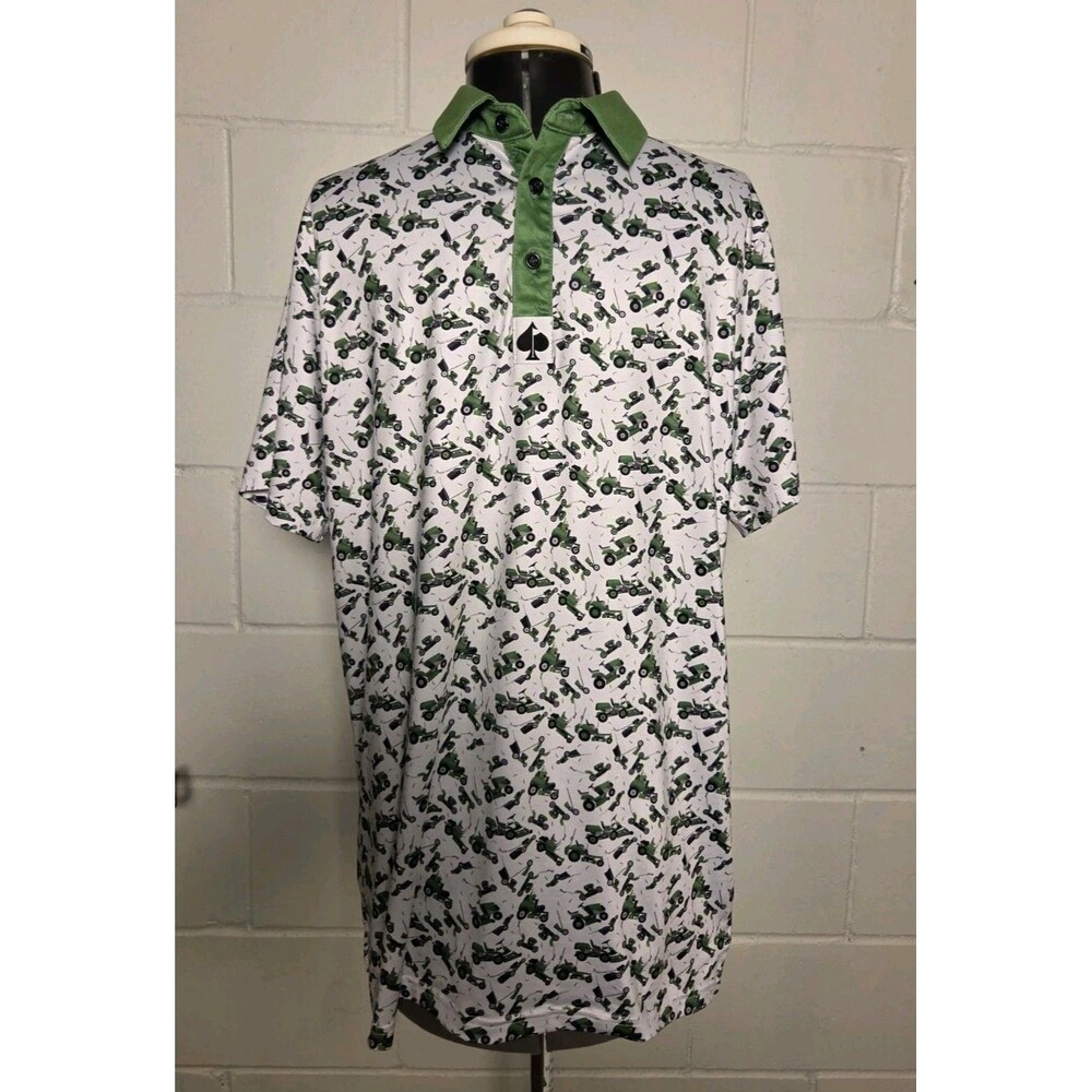 Pins And Aces Polo Mens Medium Tractor All Over Print Golf Performance Shirt EUC